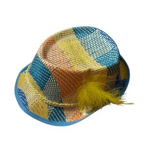 Vintage Kids Fedora W/ Feather Woven Basket Straw Hat Plaid Orange Yellow Blue